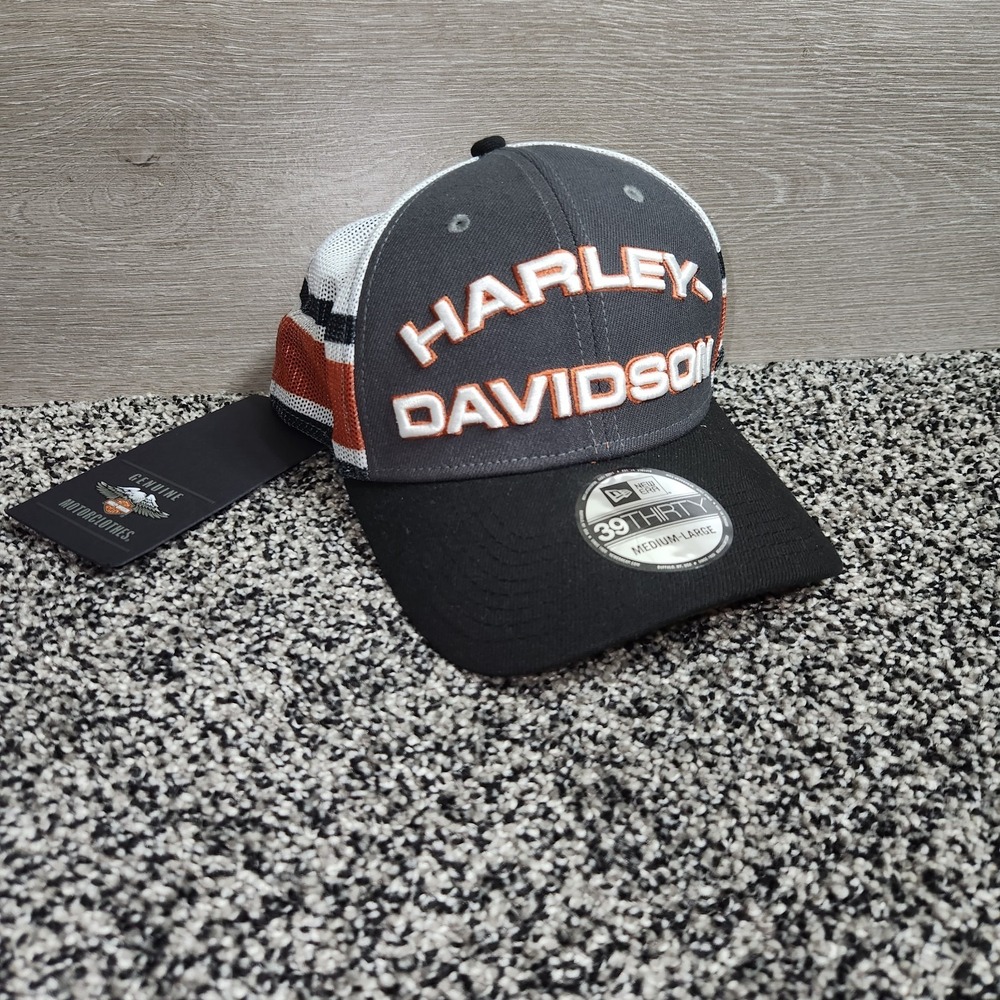 Harley Davidson Gray Orange 39Thirty New Era Fitted Mesh Hat Biker Mens M/L Nwt